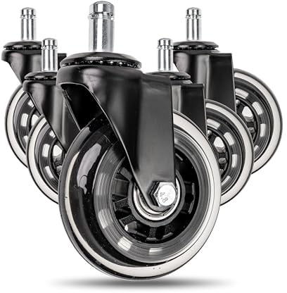 Bürostuhlrollen Set, 5 Stück, Stiftgröße Ø 11 x 22 mm, Ø 76 mm Rollen, mit Sicherheitsschraube- und Mutter, 360° leise Hartbodenrollen, Stuhlrollen für Hart- und Teppichboden, Ersatzrollen bis 300 kg