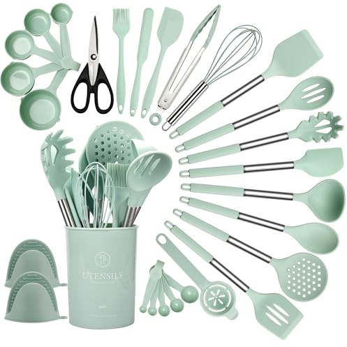 QMVESS Juego de utensilios de cocina de silicona, 28 piezas antiadherentes con soporte, pinzas, espátula, batidor, tazas medidoras y cucharas con mango de acero inoxidable (verde claro)