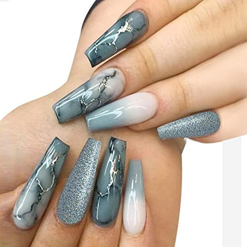 JUSTOTRY 24 pcs Marble Fake Nails Long,Dark Teal French Press on Nails Patterns,Glitter Ballerina Stick on Nail for Women, Acrylic Swirl Coffin Medium False Nail for Nail Art