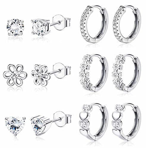 JeweBella 6 Paar Kleine Ohrringe Set für Damen Mädchen 925 Sterling Silber Pin Hypoallergen Sleeper Knorpel Ohrstecker Blume Herz Creolen Rosa Lila Blau Ohrringe Set für Kinder Frauen