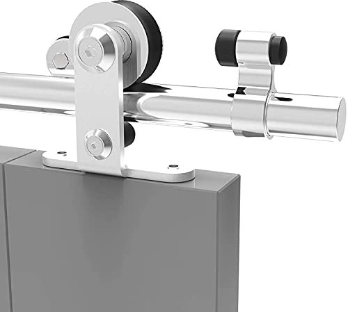 TSMST 152cm/5FT Quincaillerie Kit de Rail pour Porte Coulissante en Acier Inoxydable, Kit de Rail de Porte de Grange Robuste Adapté à une Porte en Bois Unique,forme de T