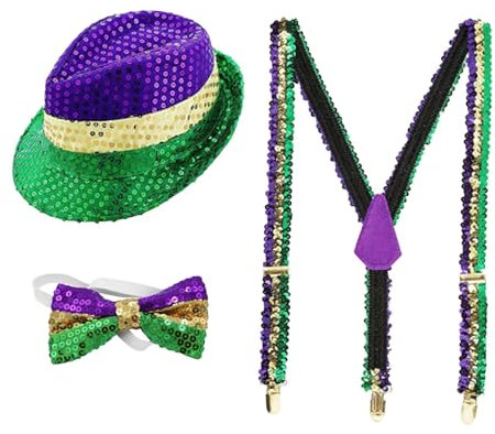 UxicRuya Pailletten-Cowboyhut, Herren-Hosenträger-Krawatten-Set, Cowgirl-Hut, Mardi-Gras-Hut für Karneval, Hosenträgerkrawatte mit Pailletten