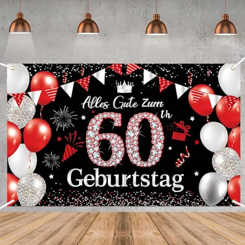 Deko 60. Geburtstag Banner für Mann und Frau - Rot Schwarz Hintergrund, Happy Birthday Party Dekoration 180 × 110 cm