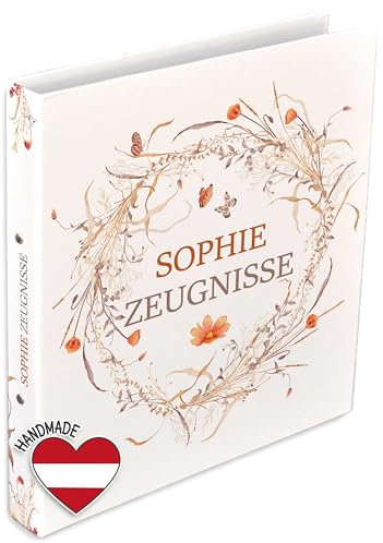 FEENSTAUB Personalisierte Zeugnismappe, Dokumentenmappe für Zeugnisse, Mappe mit Namen und Text, Zeugnisringbuch A4, Geschenk zur Einschulung, individuelle Zeugnismappe, Feldblumen