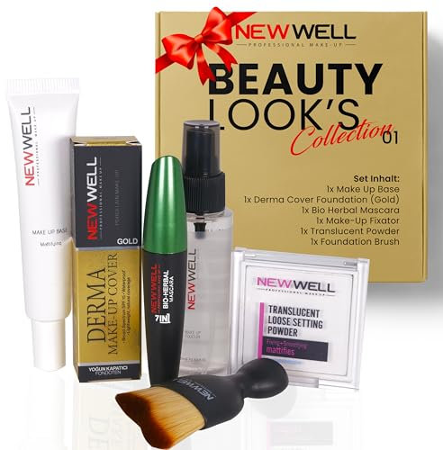 NEWWELL Beauty Set, Make-up Mascara, Fixier Spray, Powder Foundation & Brush – Alles, was Sie für ein makelloses Aussehen und einen perfekten Teint den ganzen Tag benötigen!