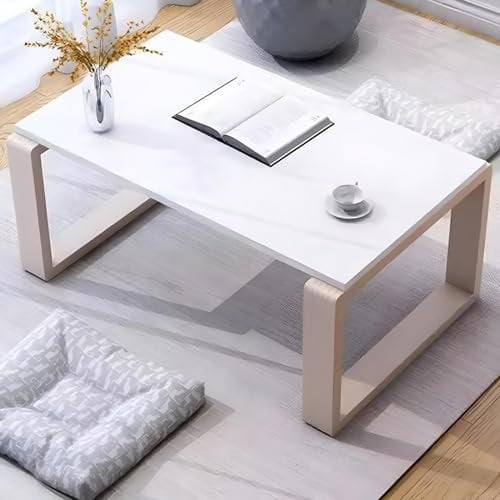Eiauiuo Massivholz Couchtisch mit U-Gestell Modern Beistelltisch Wohnzimmertisch Erhältlich in den Farben Weiß und Holz Baumkantentisch für Schlafzimmer Balkon Büro(Color:Weiß,Size:100x50x40cm)