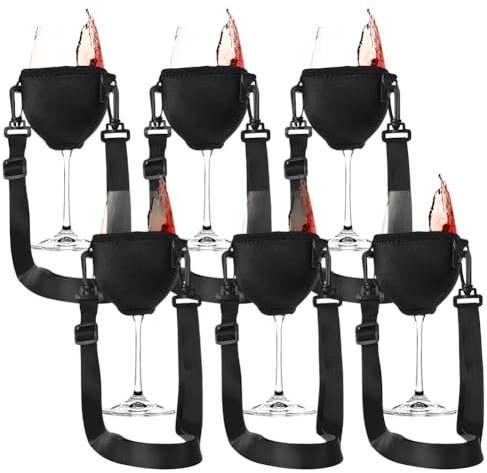 6 portabicchieri da vino per il collo, portatili, per escursioni in vino, picnic, feste in piscina, Natale, compleanno, matrimonio, porta bicchiere da vino con cordino, colore nero