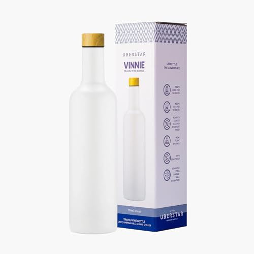 EST 2012 UBERSTAR BARWARE & GIFTS VINNIE Stainless Steel Insulated Travel Wine Bottle 750ml / Hot or Cold Drinks/Reusable Flask Screw Top/Water Wine Juice (White)