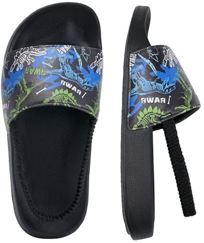 Torotto Unisex-Kinder Badeschlappen Sommer Flache Hausschuhe Badesandalen rutschfest Schlappen Badeschuhe(Schwarzer Dinosaurier, 26/27EU)