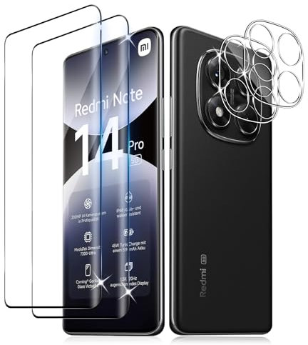 Liilaa Protector de Pantalla para Redmi Note 14 Pro 5G y Xiaomi Poco X7 5G, 2 Piezas Cristal Templado y 2 Piezas Protector de Lente de Cámara, Anti Arañazos Dureza 9H Vidrio Templado