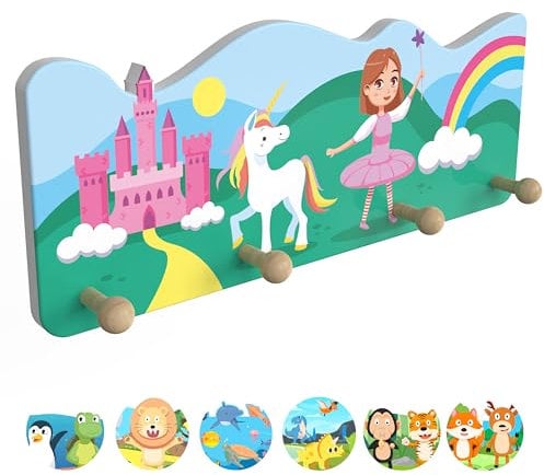bunnyboo Kindergarderobe aus Holz - Garderobe Kinder mit 4 Kleiderhaken Kinder - kindliche Designs- wunderschöne Garderobenleiste Kinder (Prinzessin)