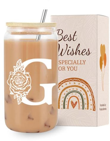 VivaJoy A-Z Initial Personalised Birthday Gifts for Women - Monogrammed Gifts for Women,Initial Letter G,Glass Cups with Lids Straws, Funny Christmas or Birthday Gifts for Her,Mum,Friend,Sister