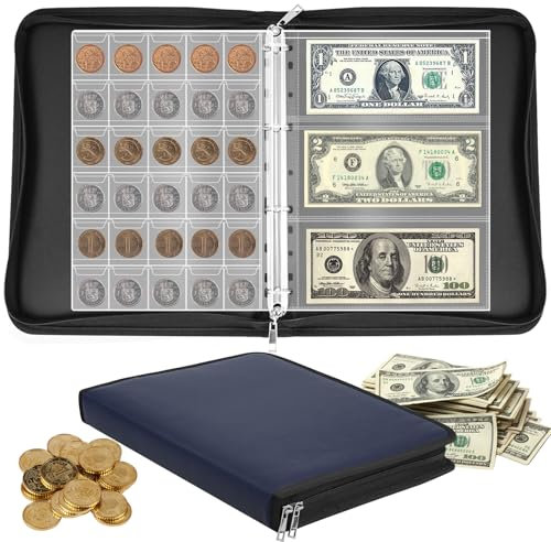 Yunkctuk Feuerfestes 2 Euro Münzalbum, 24 Seitiges Münzen Sammelalbum, Münzsammelalbum mit 300 Münzen und 36 Banknoten für Euro, Dollar, Pfund Sterling, Pennys (Blau)