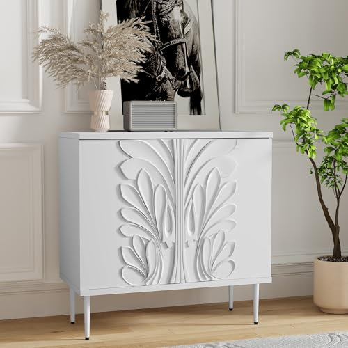 MROJISC Kommode, Buffets 3D-Blumenmuster Sideboard Schrank mit 2Tür Kommoden & Sideboards Für das Wohnzimmer Schlafzimmer-Weiß