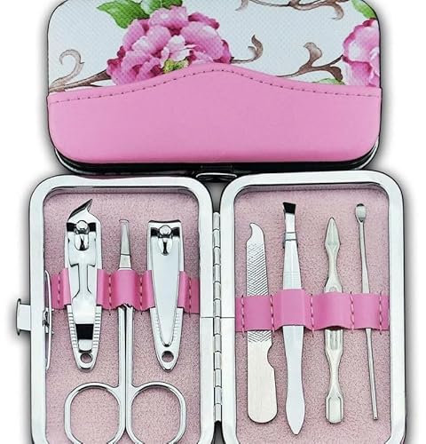 2 UR DOOR 7PCS Pink Cute Flower Nail Clippers Set - Compact Stainless Steel Manicure Pedicure Kit with Case, Includes Scissors, File, Tweezers & More, Perfect for Girls, Women & Travel