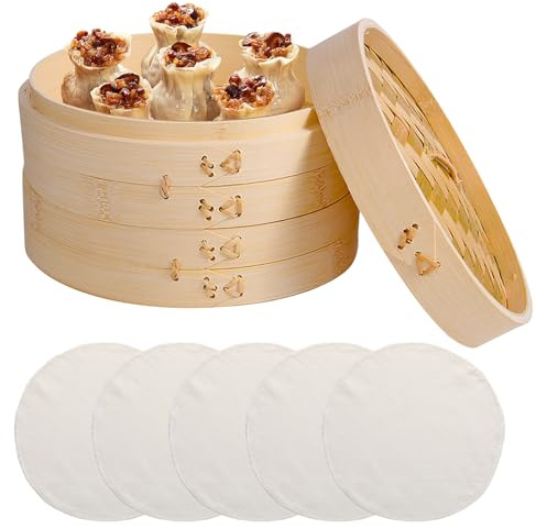 WANDGU - Vaporiera in bambù a 2 livelli: vaporiera in bambù da 21 cm di diametro con coperchio e 5 tappetini antiaderenti, per riso, dim sum, verdure, pesce e ravioli di carne