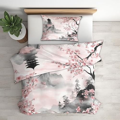 Generisch Bettwäsche 135x200 Japanische Kirschblüten Design, 2teilig - Orientalisch Asiatische Bettbezug und 1 Kissenbezug 80x80,Wendebettwäsche,Schlafzimmer Deko,Mikrofaser,mit Reißverschluss K2P&111
