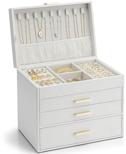 VLANDO Schmuckkästchen für Damen, 4 Ebenen Schmuck Organizer mit Halskettenhalter, Boxen & Organizer für Ring Armband und Uhr, Geschenk für Frauen
