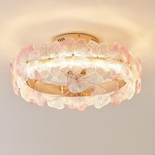 Ventilador de techo de 20 para dormitorio de niñas con control remoto, rotación de 360°, luz reversible, LED regulable, luz de techo con diseño de flor de cristal rosa para sala de estar, habitación