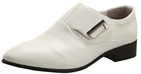 Scarpe da lavoro da uomo vintage, senza lacci, mocassini a punta, in pelle, con tacco a blocco, antiscivolo, alla moda, per matrimoni e smoking, bianco, 40 2/3 EU