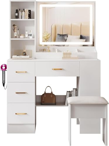 Dressing Table with Mirror and Stool: Vanity Desk with Mirror and Drawers - Makeup Desk with 4 Drawers, Wooden White Bedroom Dressing-Table with LED Lights - Brightness Adjustable, Hairdryer Holder