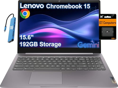 Lenovo Chromebook 15 IdeaPad 3i (15,6 Zoll FHD, 4GB RAM, 192GB Speicher (64GB eMMC + 128GB SD-Karte), 2TB Cloud-Speicher, Intel Celeron) Home & Student, 10 Stunden lange Akkulaufzeit, IST HUB, Wi-Fi 6