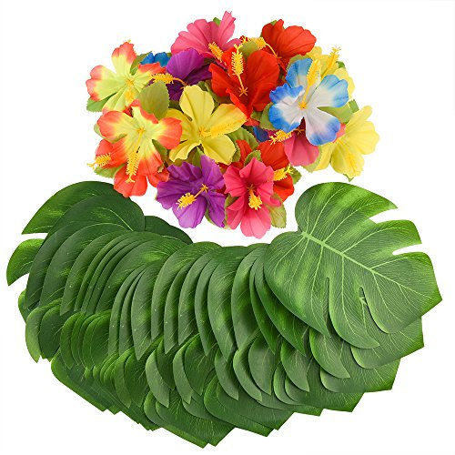 KUUQA 88 Stück 20 cm / 8 Tropical Palm Blätter und Seide Hibiskus Blumen Party Decor, künstliche Monstera Pflanzenblätter Blumen Geburtstag Party Dekorationen Lieferungen