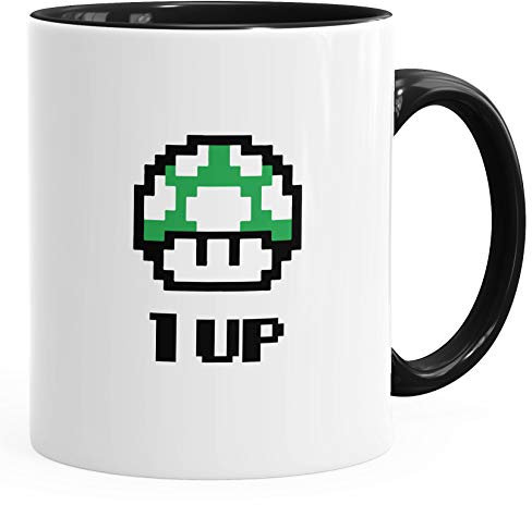 Kaffee-Tasse Geburtstag Retro Pixel-Pilz 1-Up-Pilz Level-Up Gaming Konsole 90er MoonWorks® schwarz unisize