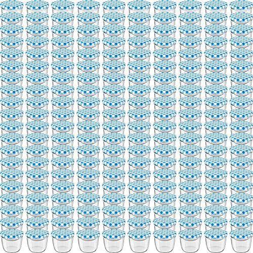 WELLGRO 200x Einmachgläser mit Schraubdeckel - 230 ml, 8,5 x 6,5 cm (ØxH), Glas/Metall, blau karierte Deckel To 82, Gläser Made in Germany, verschiedene Mengen wählbar, Stückzahl:200 Stück