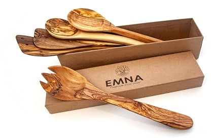 EMNA - Juego de utensilios de cocina de madera de olivo de 5 piezas | Una exquisita idea de regalo para los amantes de la cocina | Regalo gourmet | Belleza hecha a mano para exploradores culinarios |