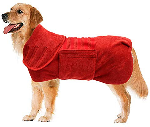 Geyecete Hundebademantel aus Mikrofaser, schnell trocknend Badetuch mit Klettverschluss,sehr saugfähig Bademantel für Hunde und Katzen,Haustier Handtuch-Rot-S