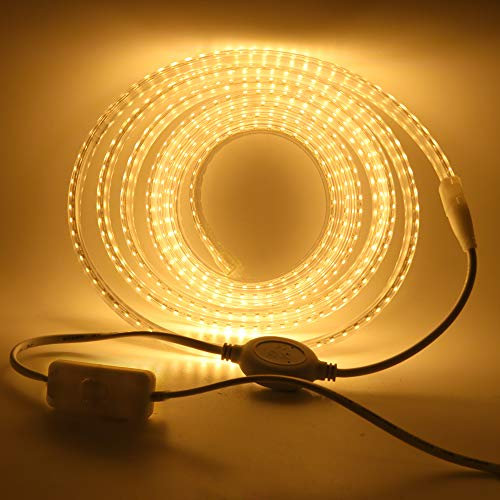 XUNATA LED Strip Streifen mit Schalter, 220V 2835 SMD 120leds/m IP65 Wasserdicht, Kein Bleidraht, Flexibel LED Lichtband Seil Licht Schlauch für Hausbeleuchtung Dekor Bar (Warmweiß, 2M)