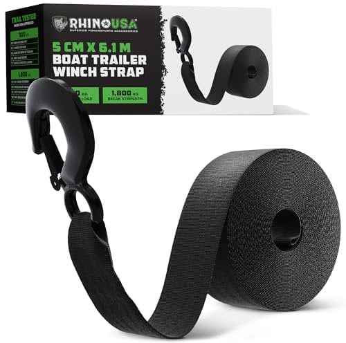 Rhino USA Boat Winch Strap with Hook (5cm x 6.1m) - 1800 kg Break Strength - Ultimate Replacement Boat Trailer Winch Straps with Safety Hook - Compatible With Pontoon, Jet Ski, Fishing Boat & More!