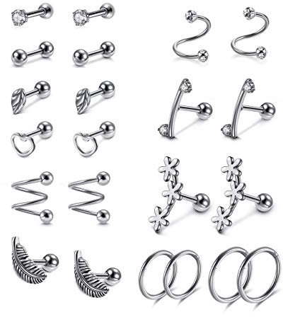 Sunligoo 22 Stück Ohrstecker Ohrringe Set 16Ga Ohrpiercing Edelstahl Tragus Piercing Helix Stab Knorpel Ohrstecker Creolen Spiralen Ohrknorpel Conch Schmuck für Damen Herren