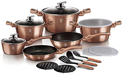 Berlinger Haus, Batterie de Cuisine de 18 Pièces, Collection Rose Gold, revêtement en marbre antiadhésif à 3 couches, Poignée de touche souple ergonomique, Pour tous feux
