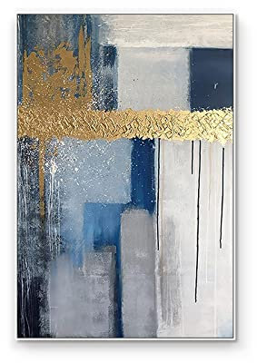 MWMG Leinwand Bilder, Moderne Abstrakte Blaue Graue Textur Geometrische Goldfolie Kunstwerk Handgemalte Ölgemälde Auf Leinwand Wandkunst Für Wohnzimmer Schlafzimmer Büro Wohnkultur,50X70Cm (20X