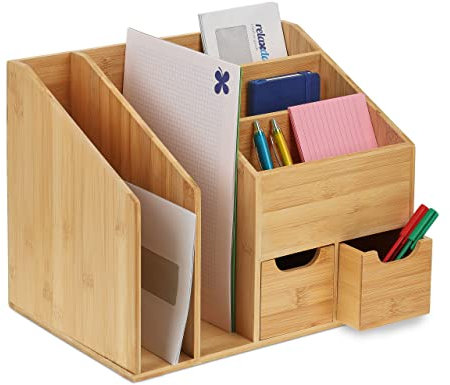 Relaxdays Schreibtisch-Organizer, 2 Schubladen, 5 Fächer, Brief- & Dokumentenablage, HBT 29 x 37 x 25 cm, Bambus, natur, Hellbraun
