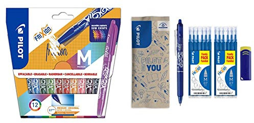 Pilot - 12 Stück Frixion Ball –12 Farben – mittlere Spitze & Frixion Clicker – Radierbarer, nachfüllbarer Gel-Tintenroller mit Druckmechanik und thermosensitiver Tinte – Blau– Mittlere Spitze