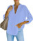 NONSAR Camicetta da donna Henley, elegante, con scollo a V, maniche arrotolabili, in stile casual, Azzurro, XXL