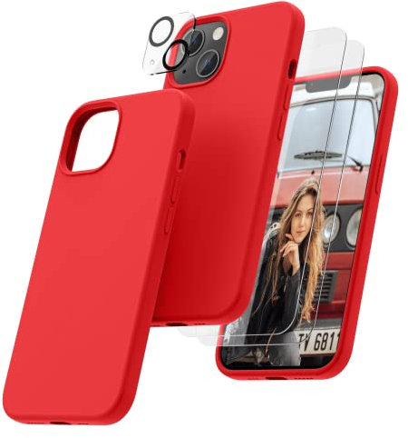 OIIAEE [5-in-1 for iPhone 13 Case 6.1,Liquid Silicone case with 2 Pack Screen Protector & 2 Pack Camera Protector, Ultra Slim Shockproof Soft Anti-Scratch Microfiber Lining—Red