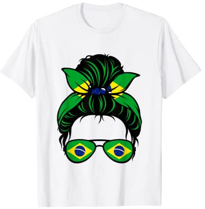 Brasilien Kostüm Brasilianische Flagge Messy Bun Brasilien Für Damen Herren T-Shirt