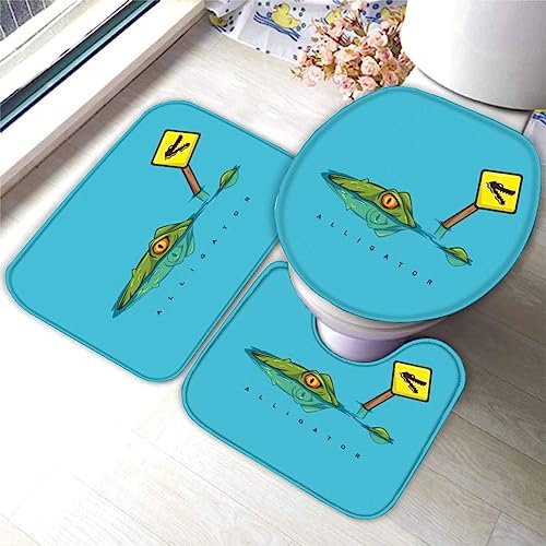 Badematte Set 3 Teilig 40x60 Krokodil Badematten 3D rutschfest Waschbar Badvorleger WC Vorleger Deckelbezug U-Förmige Badteppich Badezimmer Tier Cartoon Kawaii Badezimmerdekoratio