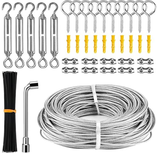 Dioxide 30M 3mm Drahtseil Set, 304 Edelstahl Drahtseil Spanndraht, Stahlseil Ummantelt, M5 Spannschloss Seilspanner Edelstahl, für String Light Suspension, Wäscheleine, Gardinenseil Kletterpflanzen