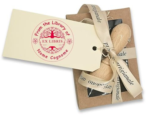 Ex Libris Timbro Personalizzabile, Timbro Libri Personalizzato in Legno, Albero della Vita, Idea Regalo con Scatola e Nastro, 10 Grafiche a Scelta, Cuscinetto Inchiostro Rosso incluso