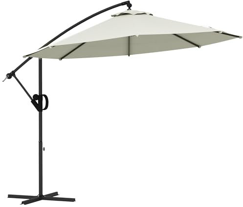 Outsunny Ombrellone a Braccio Ø3x2.6 m a 8 Stecche con Base a Croce, Ombrellone da Giardino in Alluminio, Metallo e Poliestere, Bianco Crema