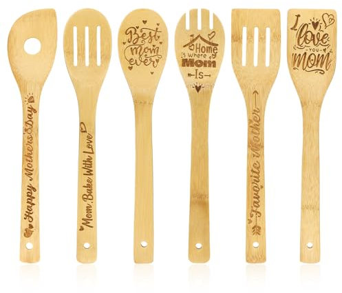 6pz Cucchiai di Legno per la Festa Della Mamma, Regali per Festa Della Mamma Cucchiai da Cucina in Legno con Decorazioni Incise Cucchiai per Festa Della Mamma per Cucina Cottura al Forno