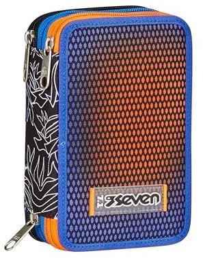 Seven Federmäppchen, Mäppchen, Mehrfarbig, Federtasche für Schreibwaren, Etui mit Stiften, Kugelschreiber, & mehr, 3 Fächer, Mädchen & Jungen, Schule - Grundschule, blau orange