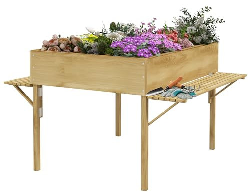 Outsunny Orto Rialzato in Legno, Fioriera Rialzata con 12 Spazi Separati e 2 Ripiani Laterali Pieghevoli, 122x91.5x89cm, Legno Naturale