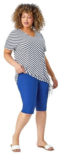Roman Originals Knee Length Shorts for Women UK - Ladies Cropped Capri Stretch Bengaline Pants Crop Trousers Summer Legging Lounge Essentials Elasticated Casual Clothes - Midnight Blue Plus - Size 20