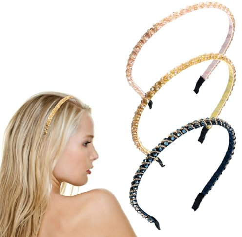scicent Haarreif für Damen mit Kristallperlen 3 Stück Vintage Strass Haarreif Mädchen Retro Haarreifen Funkelnde Rutschfeste Stirnbänder Dünne Kette Modische Haarband mit Glitzernd Kristall - 27919